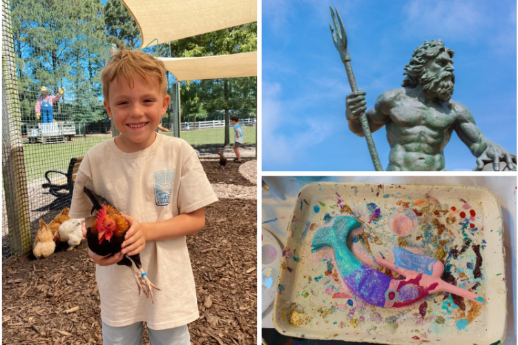 Collage showing three photos of fun activities to enjoy near Sandbridge Beach. Far left shows a boy holding chicken at Hunt Club Farms, top right is King Neptune statue, bottom right is painted mermaid from the Mermaid Factory.