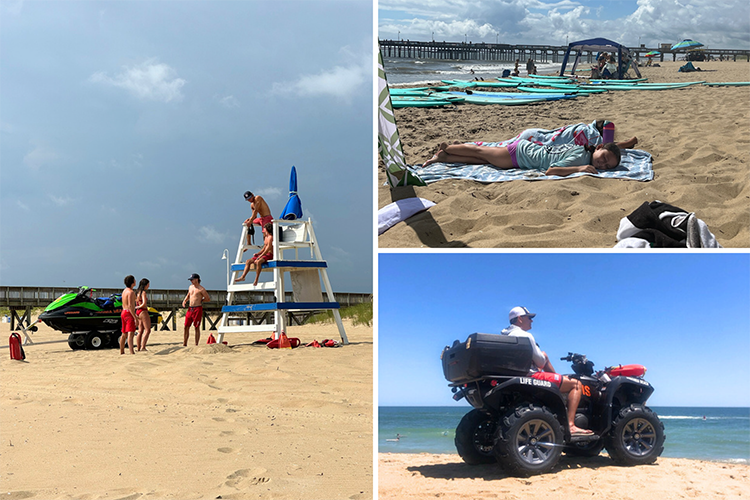 Collage of three Sandbridge Beach images showing the lifeguard stand, lifeguard rescue ATV, and summer surf camp.